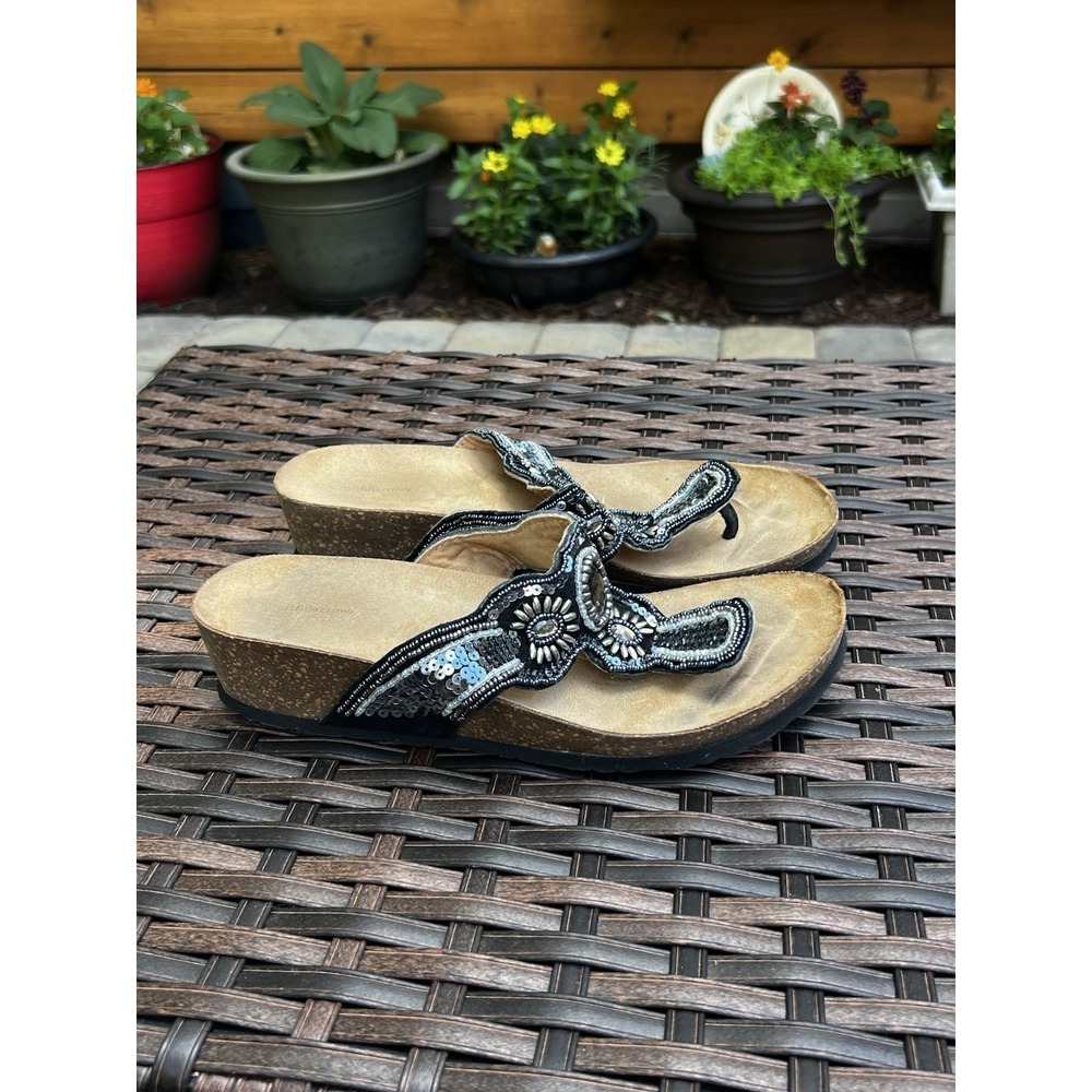 Croft and Barrow 9.5 M Beaded Sequin Cork Wedge Thong Sandals Boho Festival